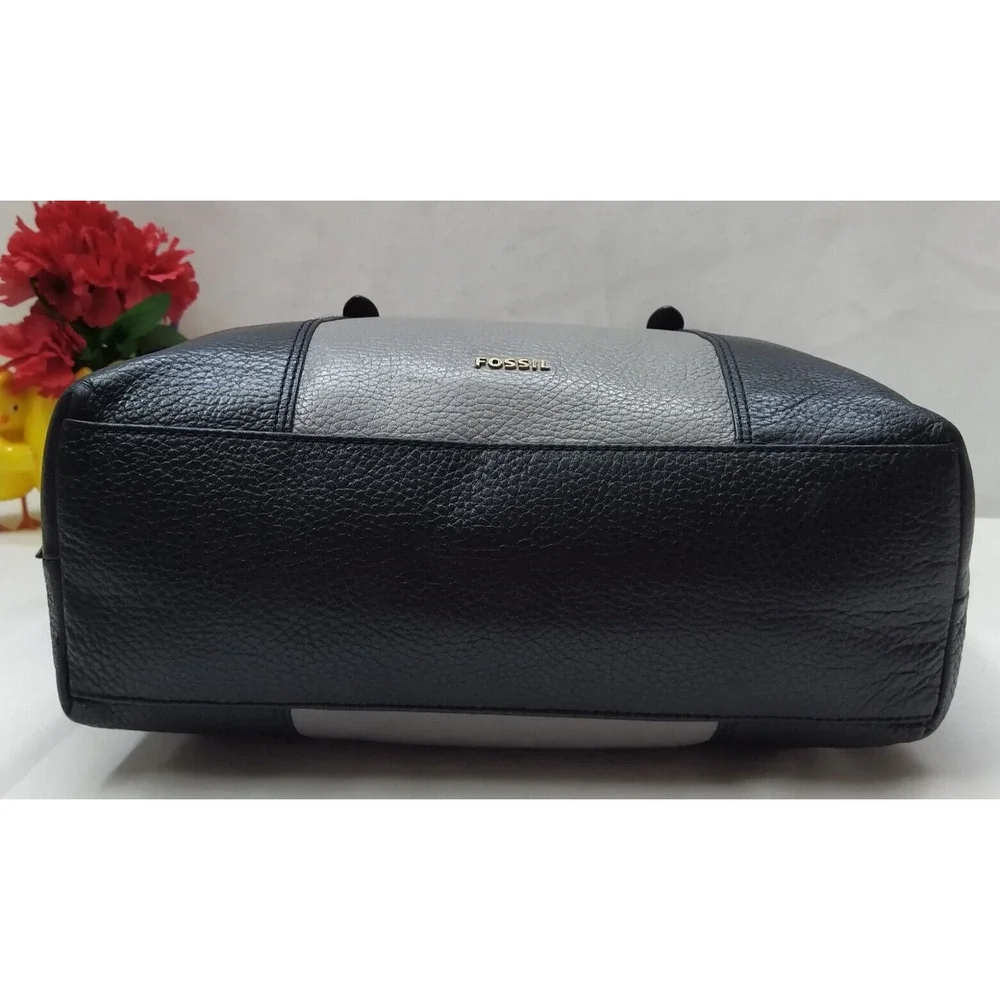 Fossil Colorblock Black Gray Pebbled Leather Double Handle Satchel Shoulder Bag